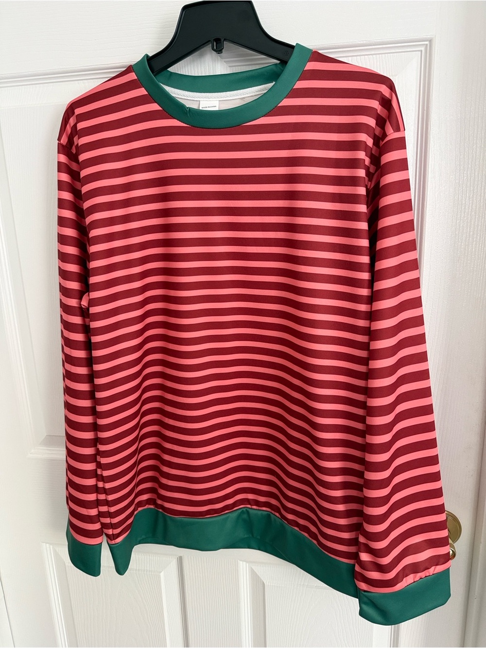 Women's Striped Long-Sleeve Top - Pink & Burgundy with Green Trim. Brand new
